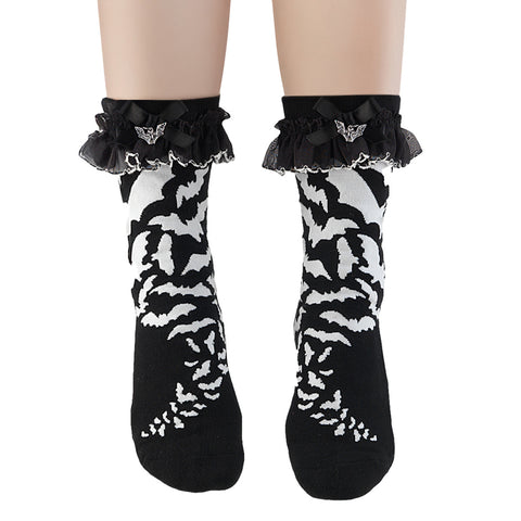 DH-01  DEMONIA Ruffle Bat Print Sock